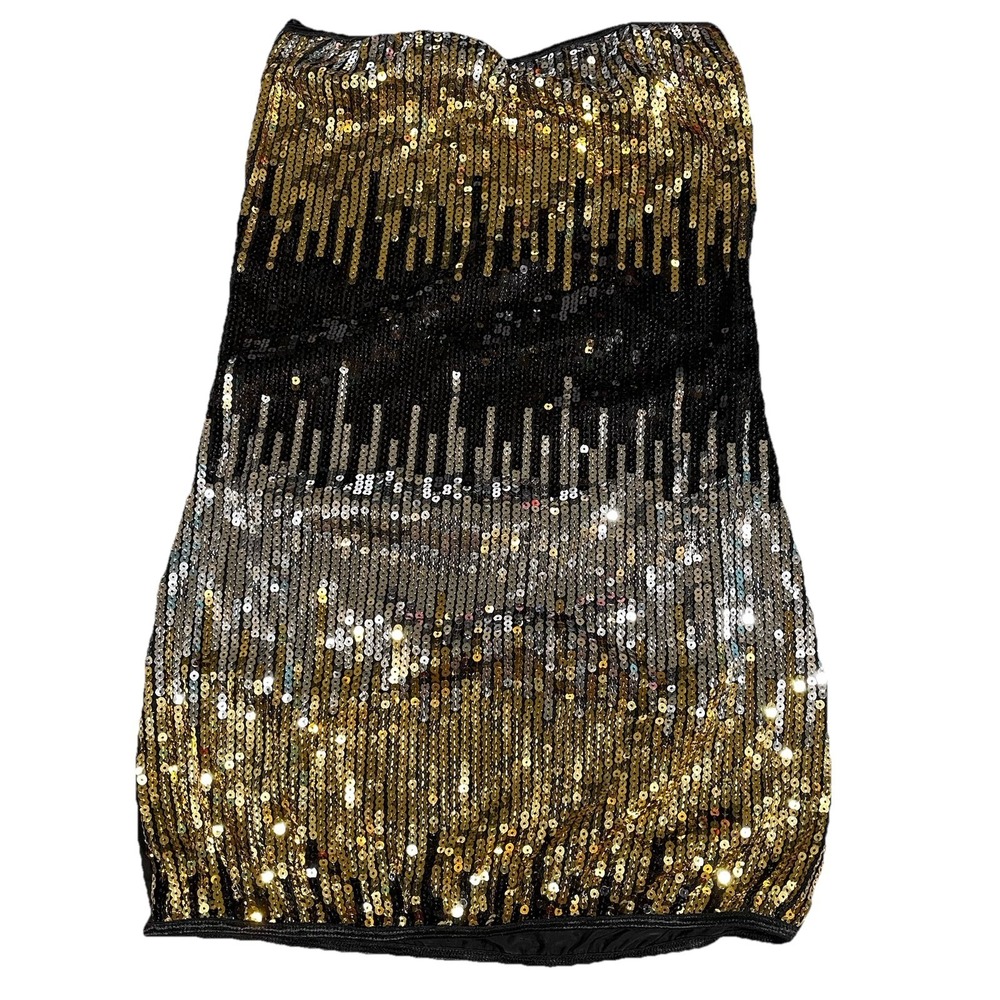Y2K Vibes Sequin Cocktail Dress Strapless Bodycon Gold Silver Size M Festival
